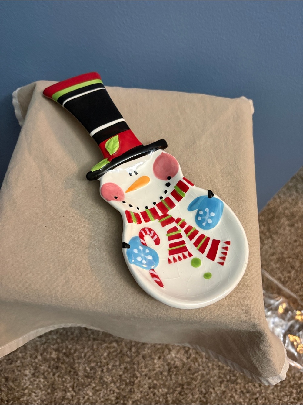 Festive Snowman Ceramic Spoon Rest - White, Red, Black